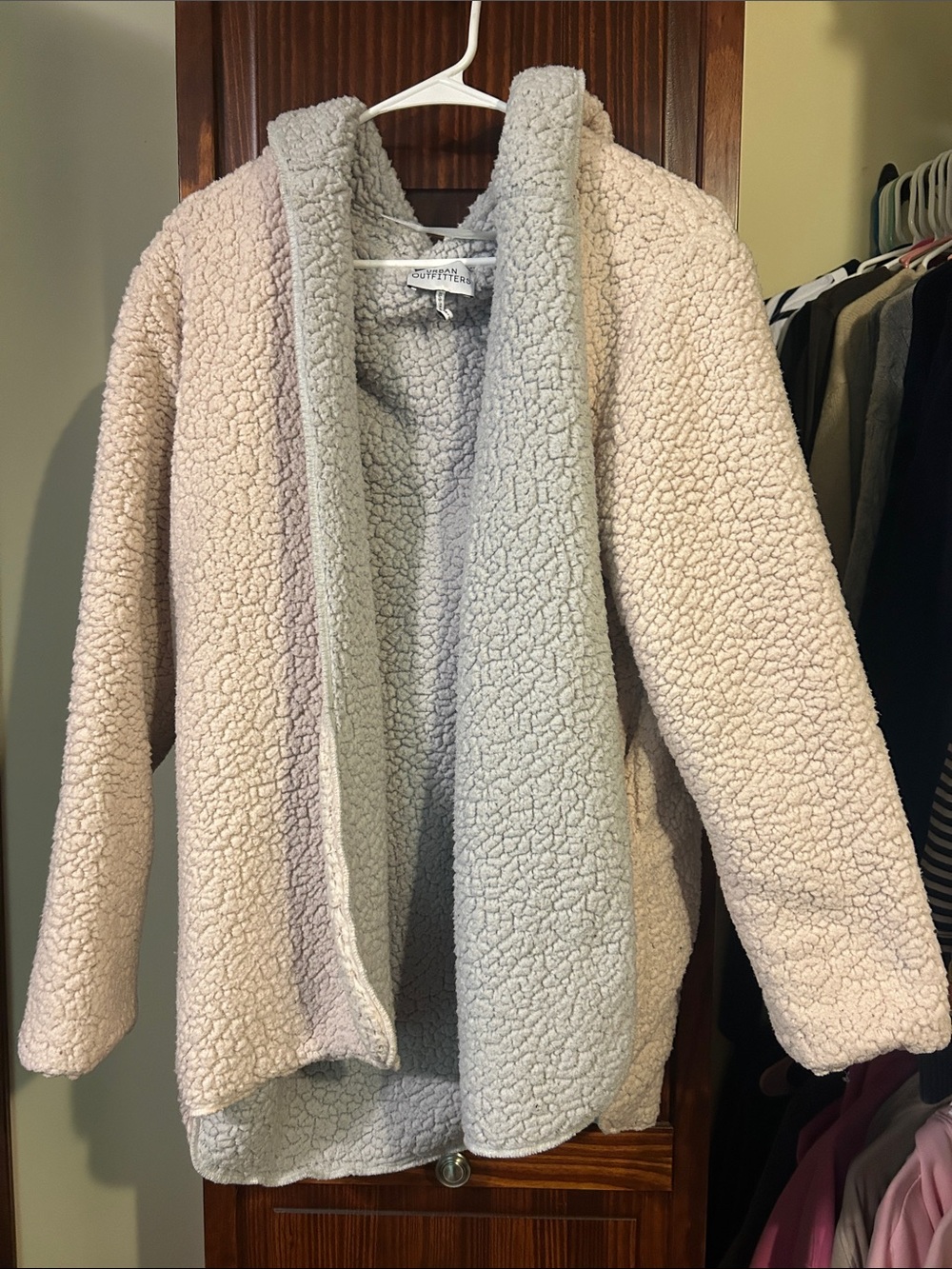 Reversible Cream and Grey Urban Outfitters Teddy Sherpa Open-Front Jacket